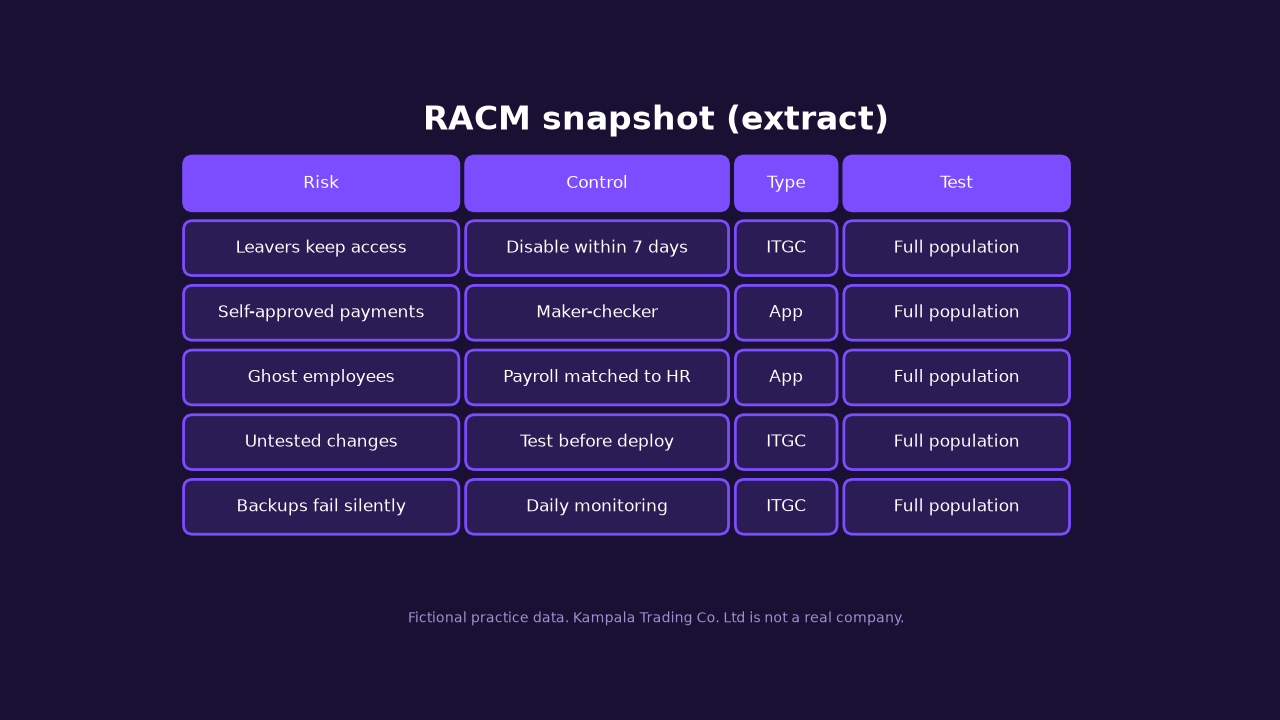 Snapshot of a risk and control matrix with risk, control, type and test columns